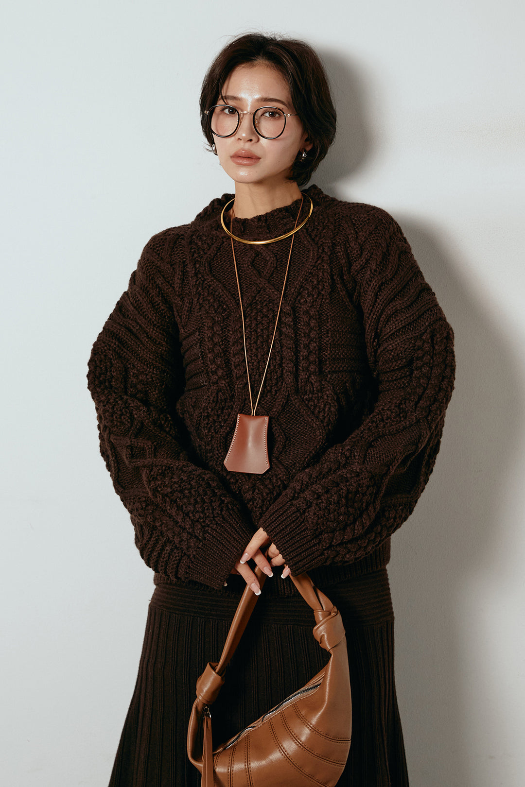 [SET]アラン柄ミックスケーブルニット+編み地切り替えフレアニットスカート(2set)