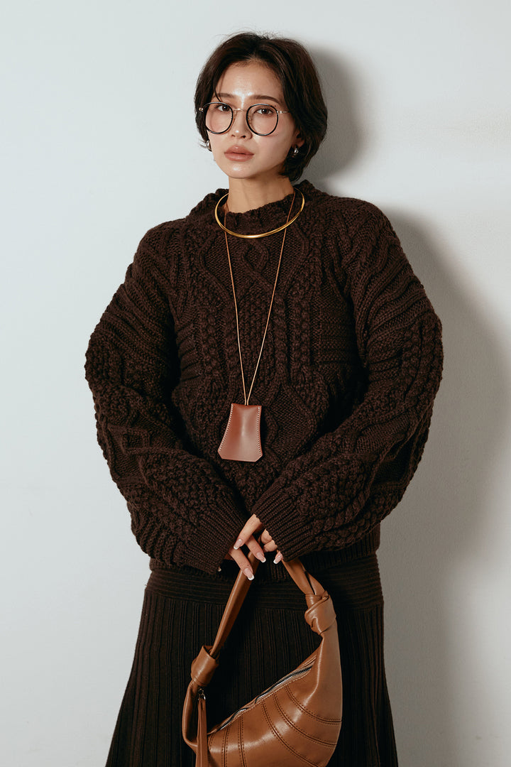 [SET]アラン柄ミックスケーブルニット+編み地切り替えフレアニットスカート(2set)