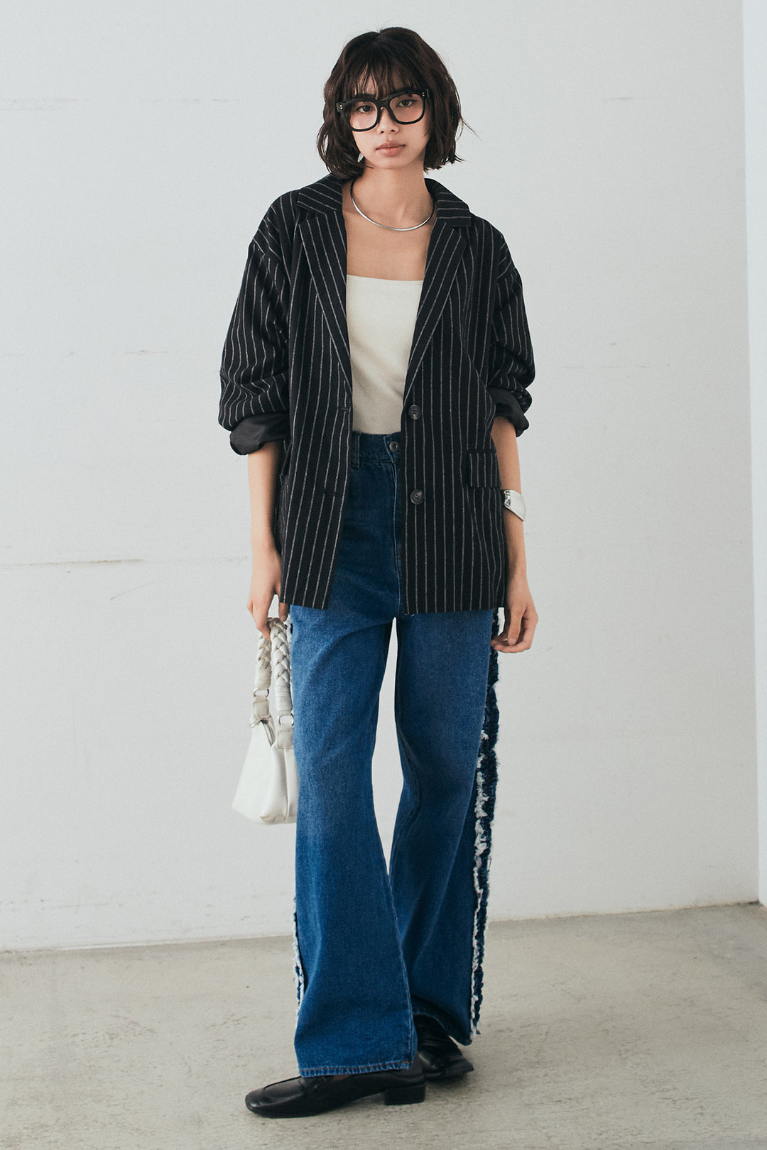 [SET]リネンライクストライプテーラードジャケット+デニムサイドフリルパンツ(2set)