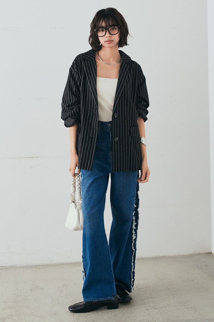 [SET]リネンライクストライプテーラードジャケット+デニムサイドフリルパンツ(2set)