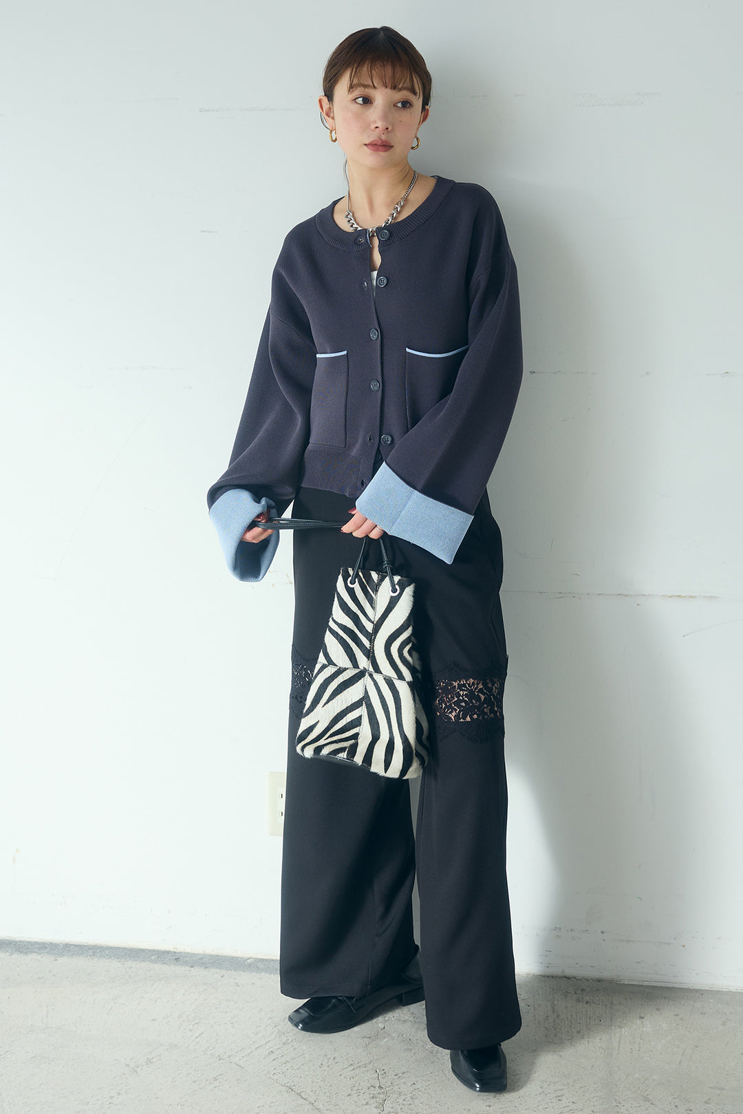 [SET]レーヨンポリダブルフェイスカーディガン+レース刺繍切替ワイドパンツ(2set)