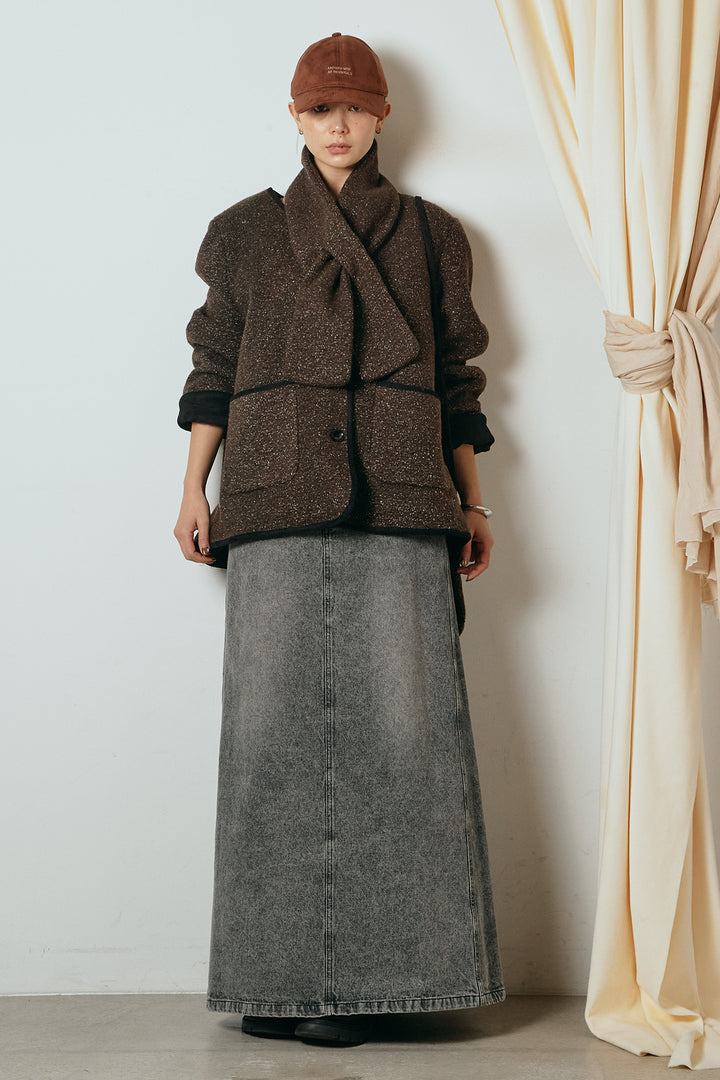 [SET]ノーカラーマフラーバッグ付きアウター+デニムロングフレアスカート(2set)