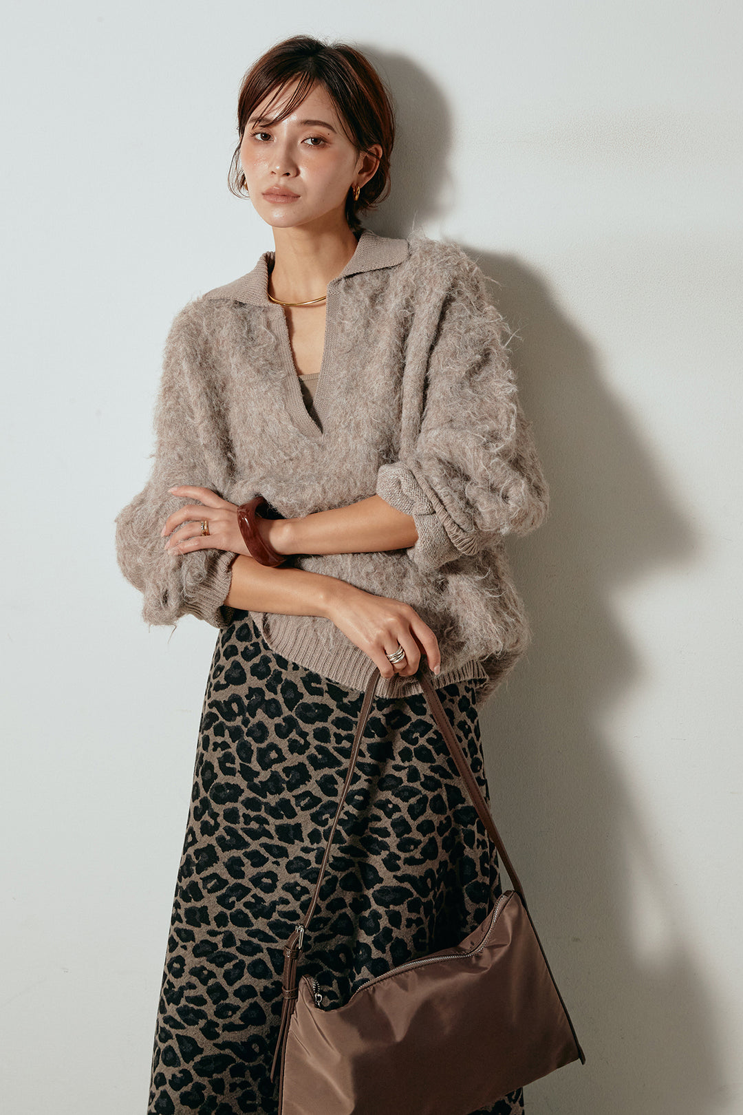 [SET]襟付きシャギーニットポロトップス+レオパードロングスカート(2set)