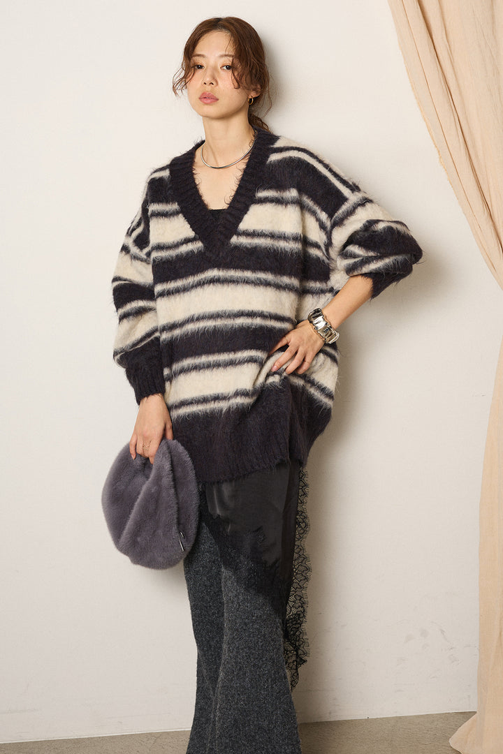 [SET]ルーズVネックボーダーニットトップス+レースドッキングサテンキャミソール+杢ニットリブフレアパンツ(3set)