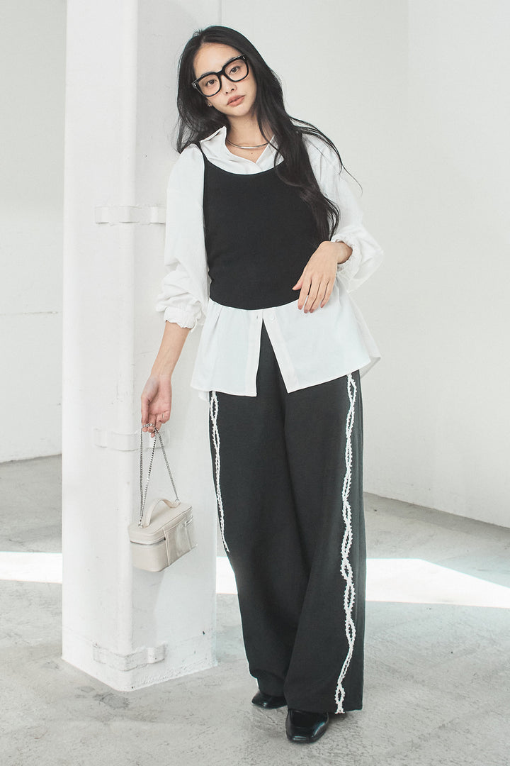 [SET]ニットキャミ付きシャツ+刺繡テープラインパンツ(2set)