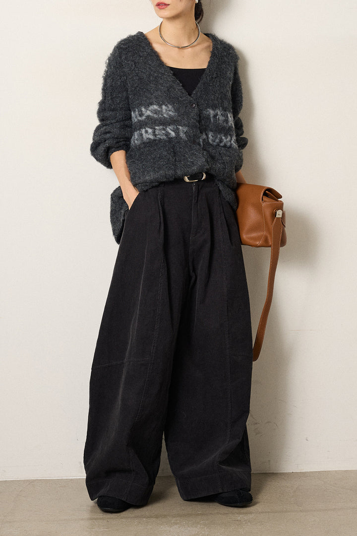 [SET]ウール混透かしロゴニットカーディガン+タック入りコーデュロイワイドパンツ(2set)