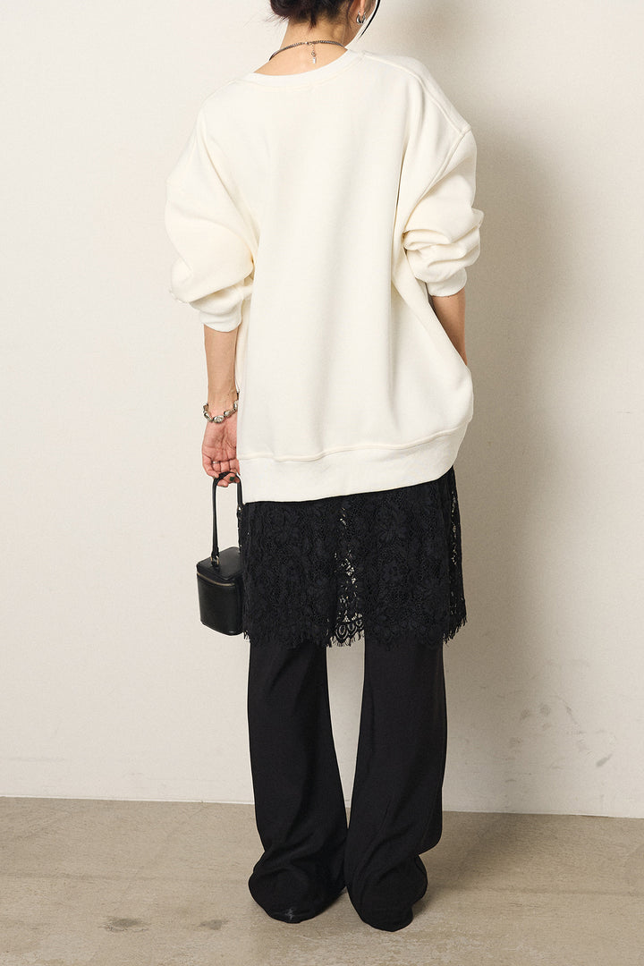 [SET]モノトーンプリントスウェット+レース刺繍レイヤードフレアパンツ(2set)