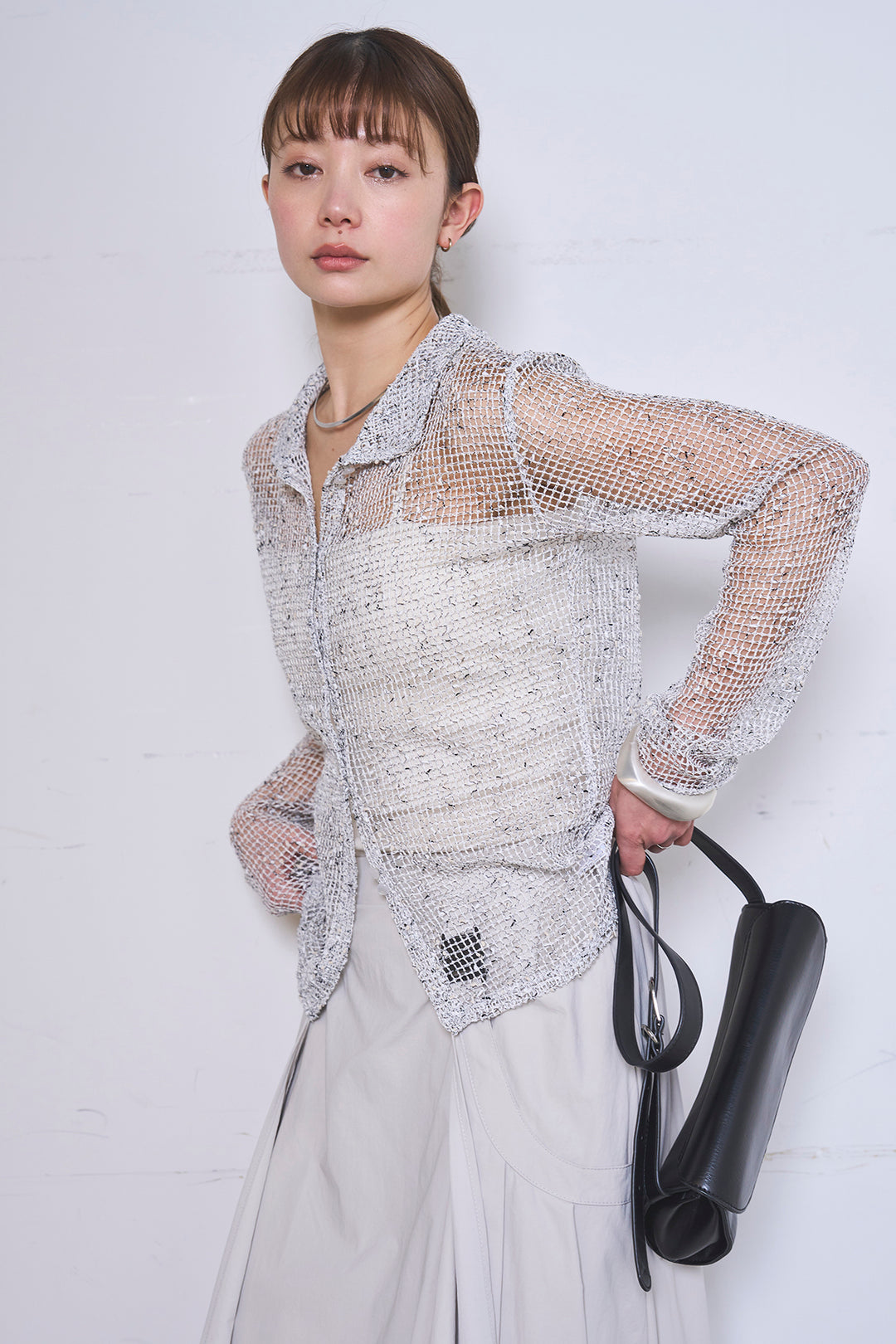 [SET]ネップメッシュポロ襟カーディガン+ラップレイヤードアシンメトリーデザインスカート(2set)