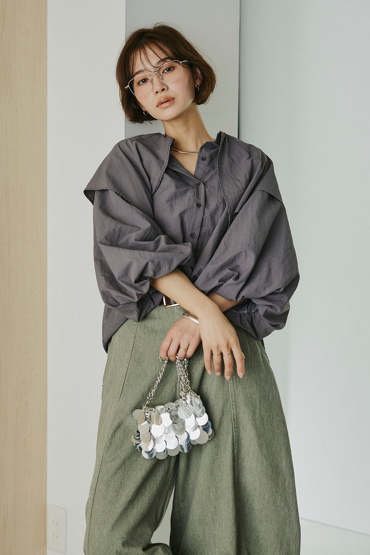 [SET]ケープカラーナイロンブラウス+サイドベルトカーブワイドパンツ(2set)