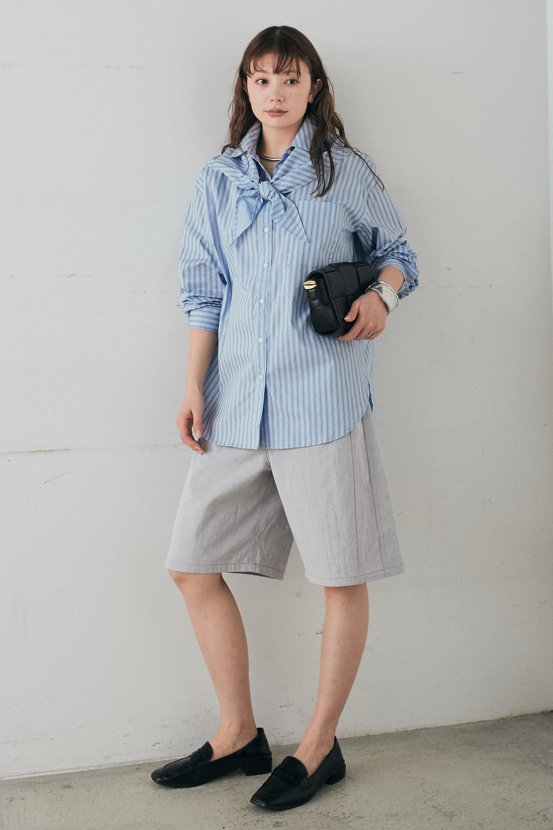 [SET]ランダムストライプスカーフ付きシャツ+デニムハーフパンツ(2set)