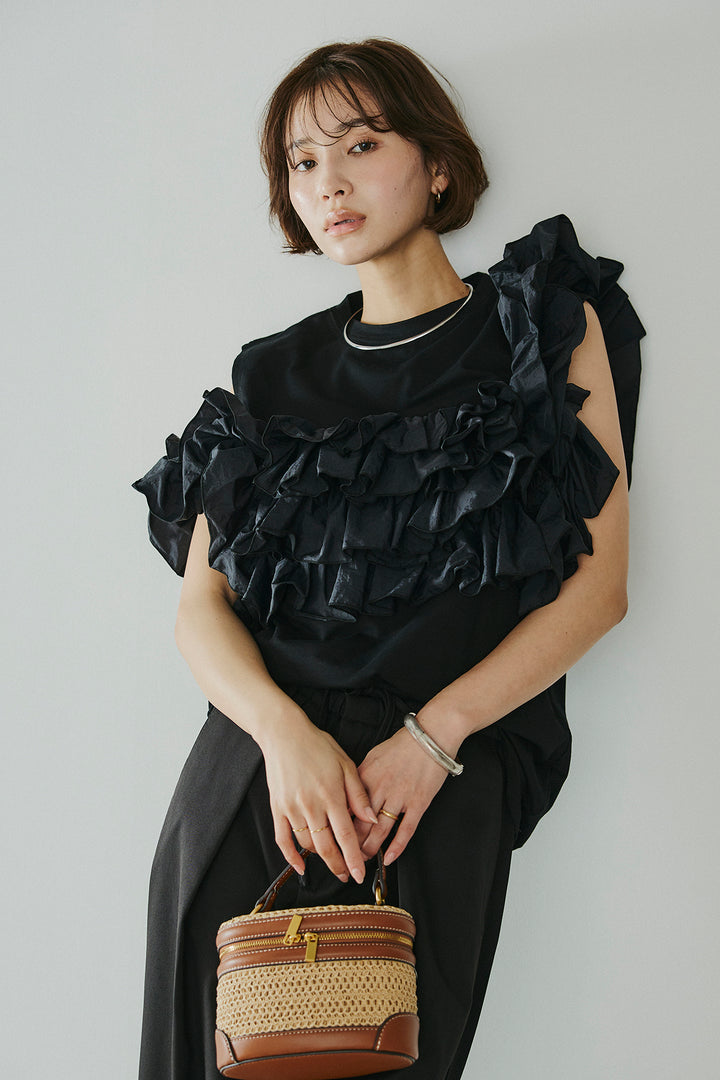 [SET]天竺ナイロンドッキングビスチェ風トップス+ニーサイドタックウエストドロスパンツ(2set)