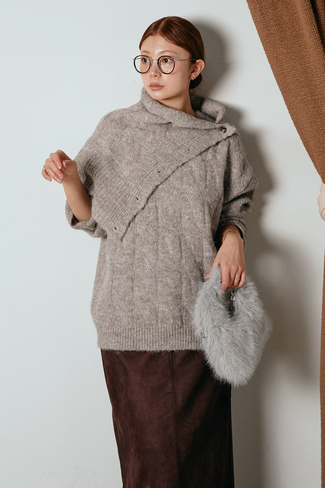 [SET]ケープデザインケーブルニットトップス+スウェードライク裾フリンジスカート(2set)