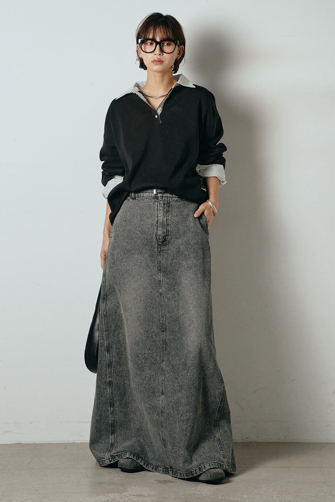 [SET]ストライプシャツドッキングポロトップス+デニムロングフレアスカート(2set)