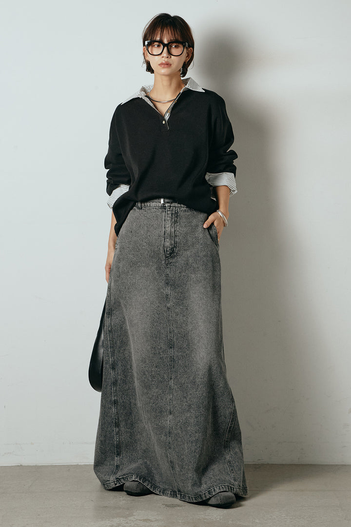 [SET]ストライプシャツドッキングポロトップス+デニムロングフレアスカート(2set)