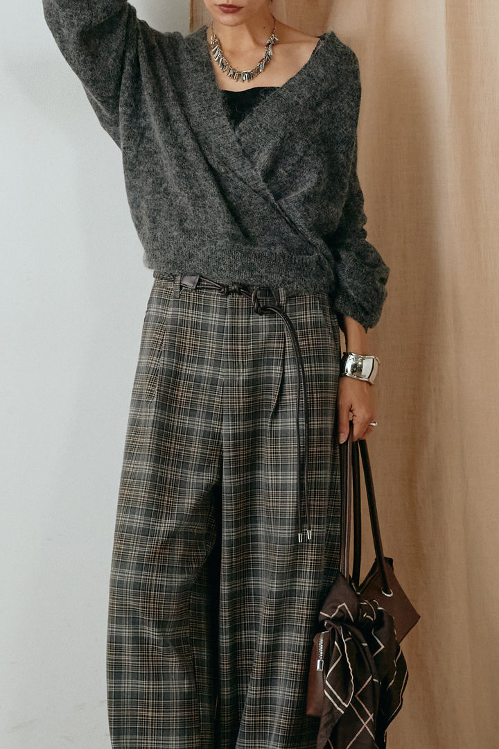 [SET]カシュクールデザインニット+編みベルト付きタータンチェックワイドパンツ(2set)