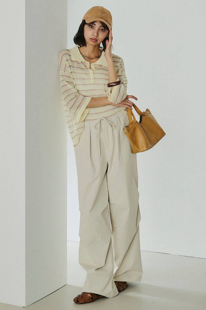 [SET]ボーダーニットポロシャツ+ニーサイドタックウエストドロスパンツ(2set)