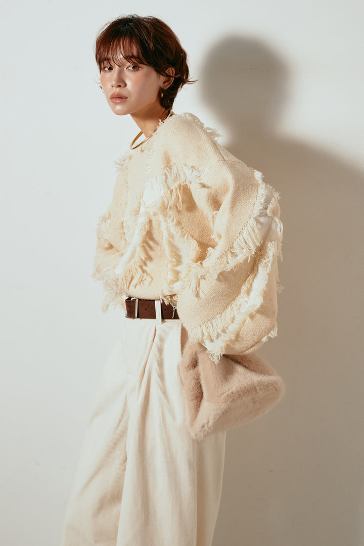 [SET]シャギージャガードニットトップス+太ベルト付きコーデュロイタックパンツ(2set)