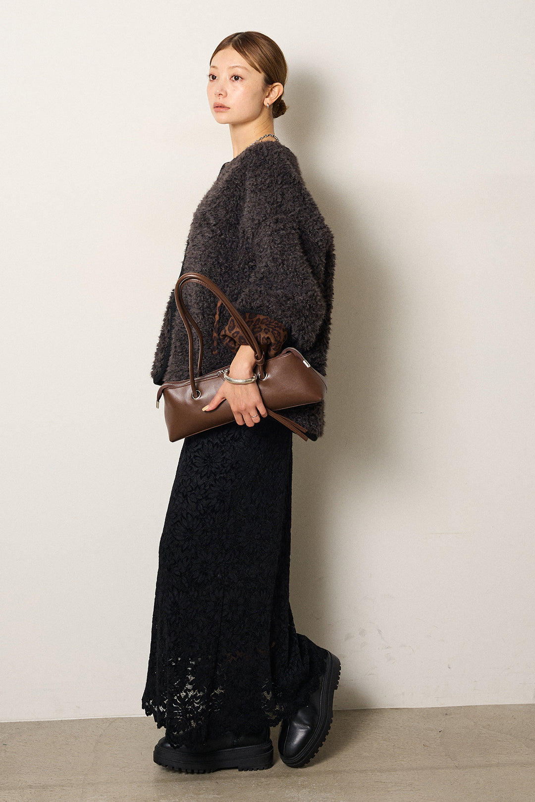 [SET]ノーカラー裏地レオパードボアアウター+花柄刺繍ベロアフレアスカート(2set)