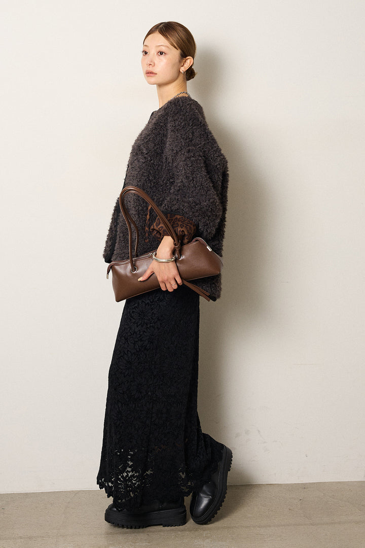 [SET]ノーカラー裏地レオパードボアアウター+花柄刺繍ベロアフレアスカート(2set)
