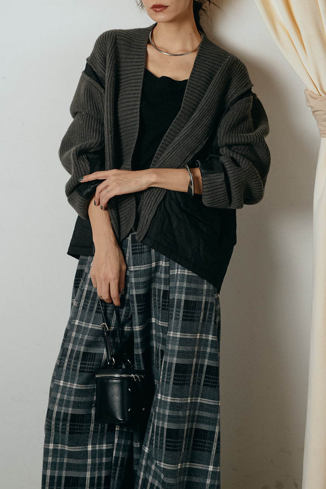 [SET]キルティング切り替えニットカーディガン+ベルト付きタータンチェックカーブワイドパンツ(2set)