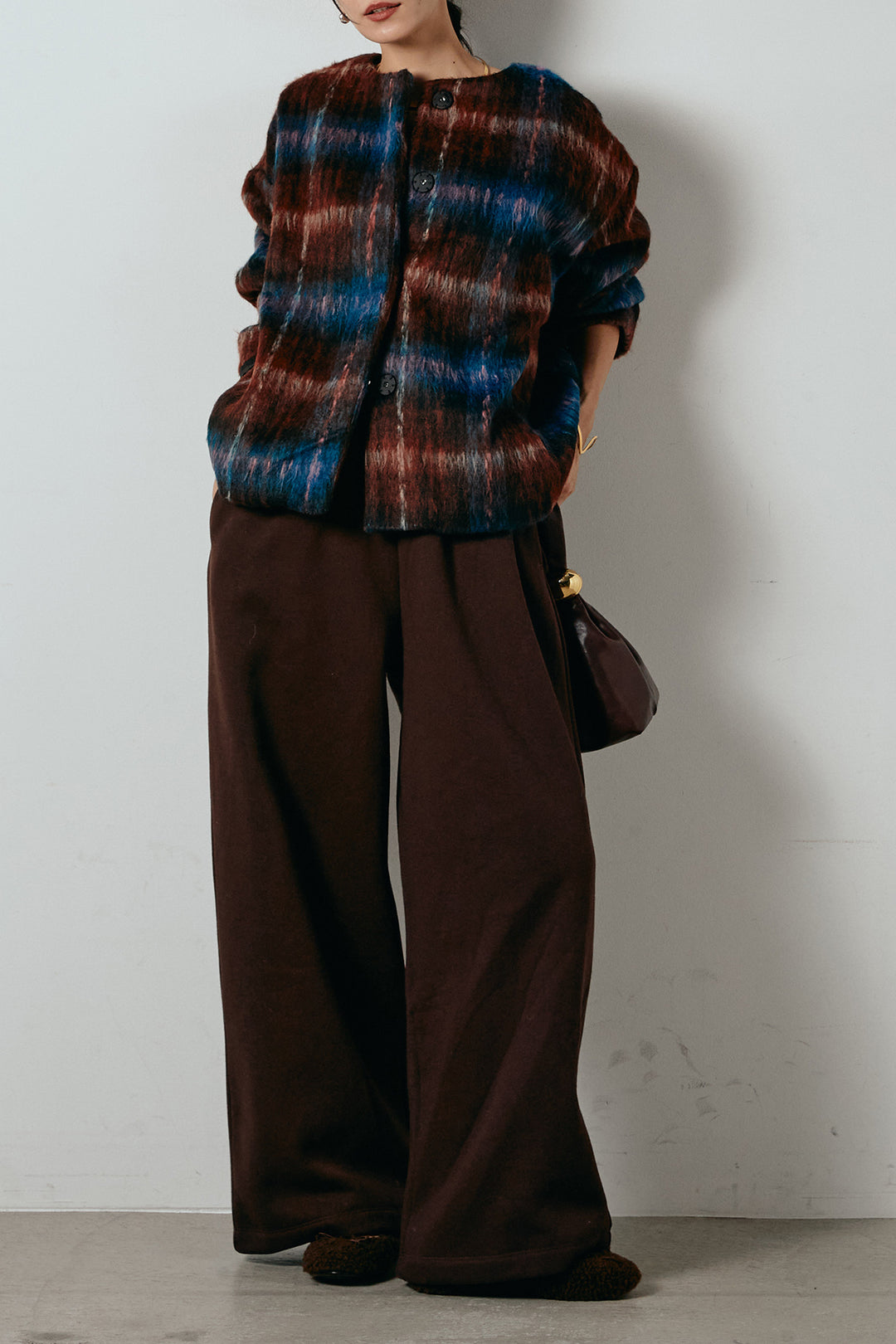 [SET]ノーカラーシャギーチェックアウター+裏起毛スウェットワイドパンツ(2set)