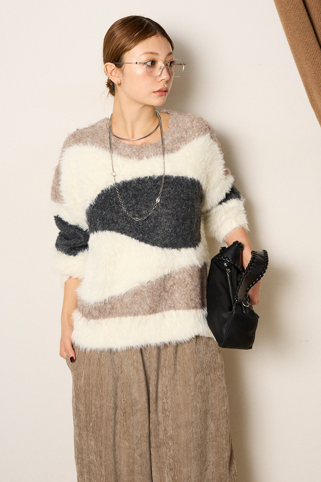 [SET]シャギーウェーブ柄クルーネックニットトップス+かすれデザインワイドパンツ(2set)