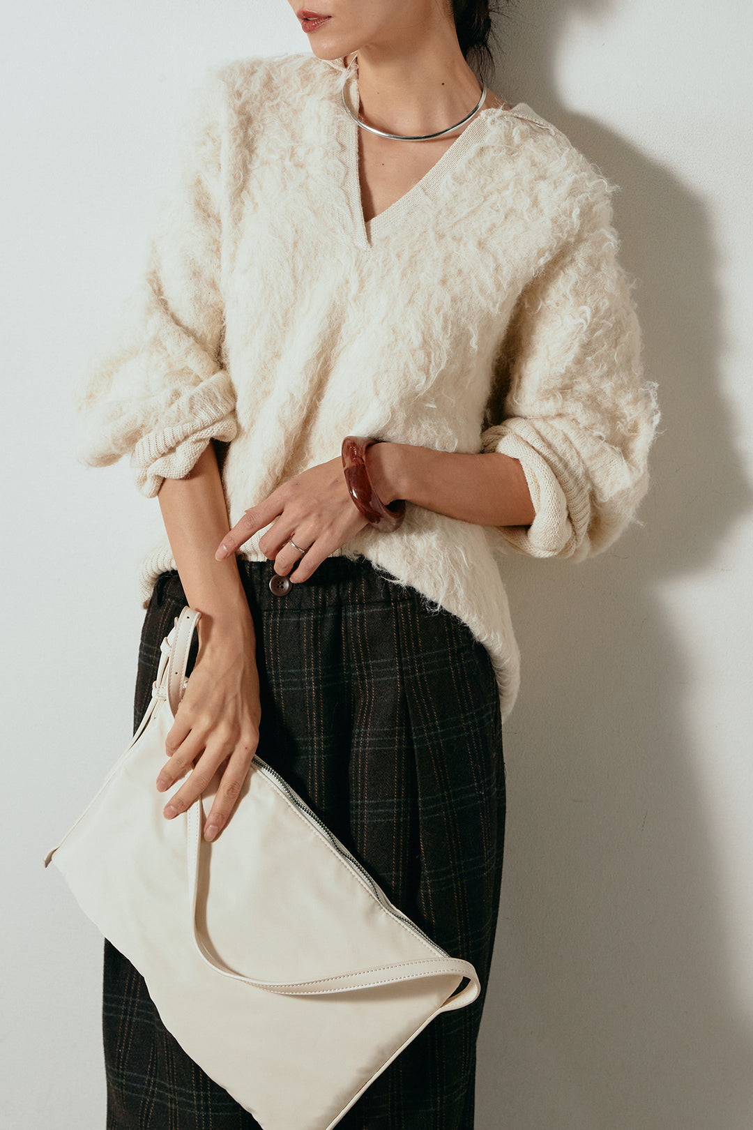 [SET]襟付きシャギーニットポロトップス+タータンチェック柄タックパンツ(2set)