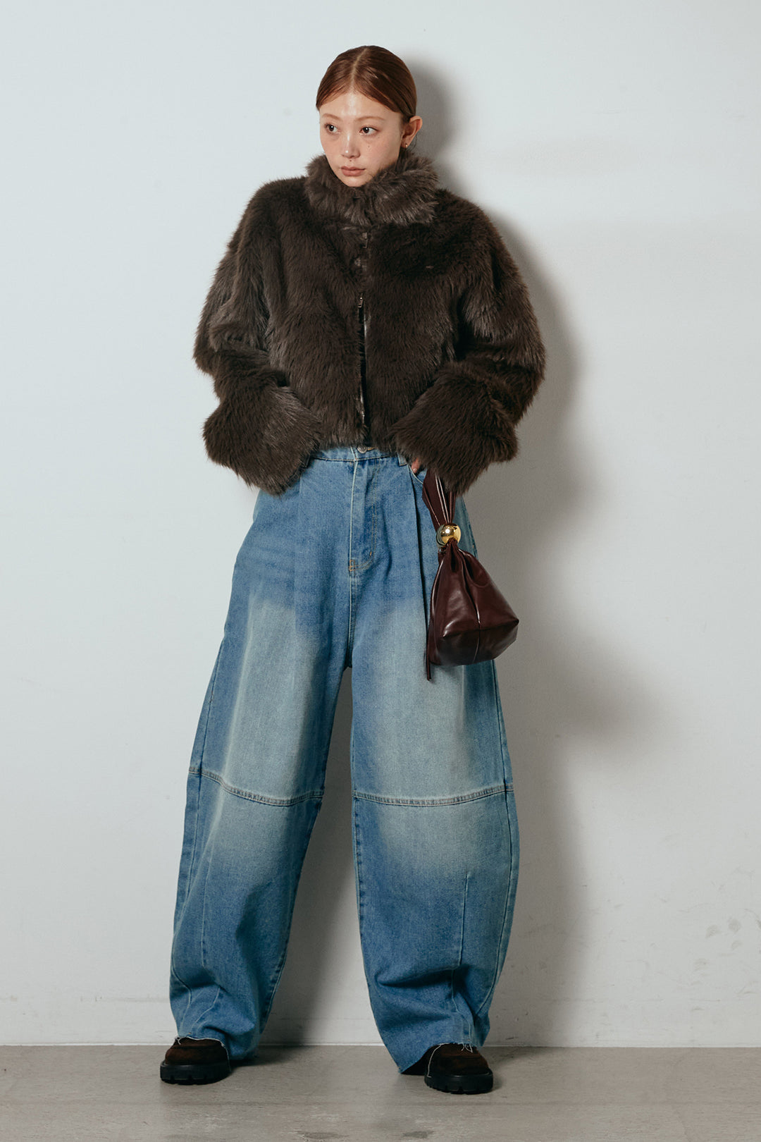 [SET]エコファーショート丈ブルゾン+加工デニムタックコクーンワイドパンツ(2set)