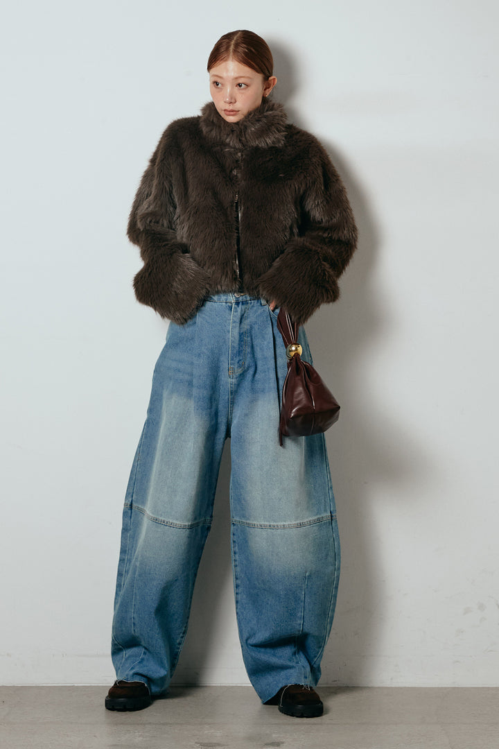 [SET]エコファーショート丈ブルゾン+加工デニムタックコクーンワイドパンツ(2set)