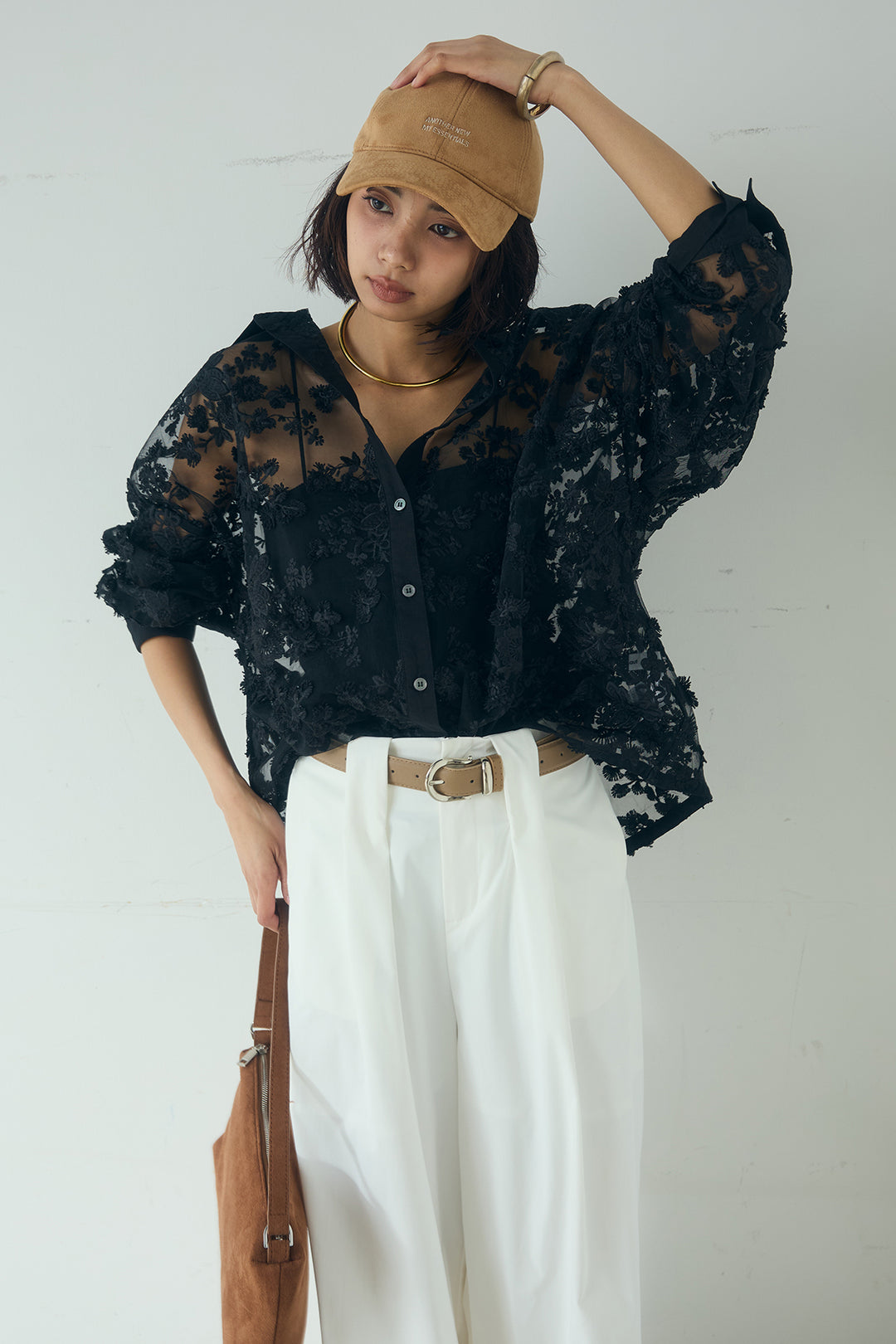 [SET]立体フラワー刺繍レースシャツ+ベルトループデザインハイウエストタックパンツ(2set)