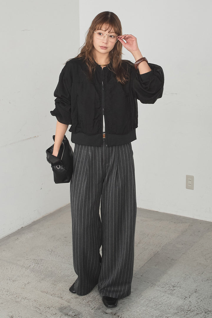 [SET]シアー×ポンチブルゾン+細ベルト付きピンストライプワイドパンツ(2set)