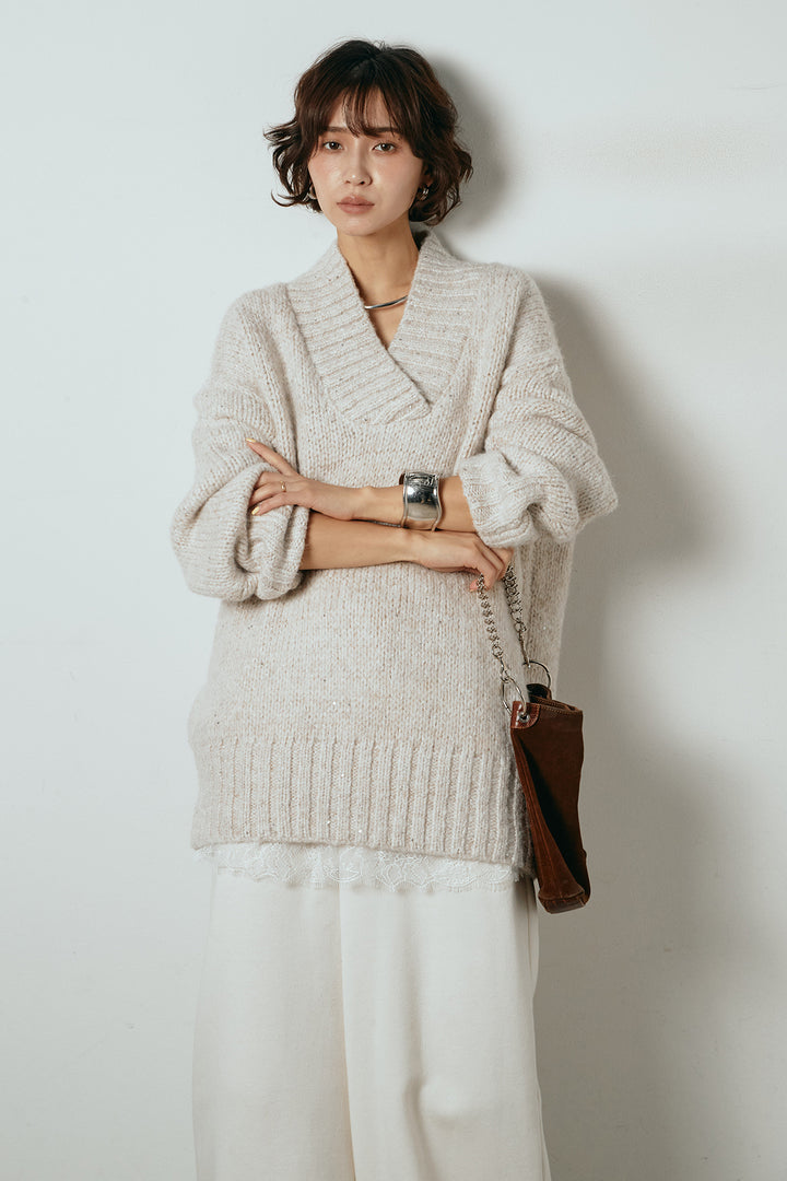 [SET]Vネックラメニットトップス+裏起毛スウェットワイドパンツ+レース切り替えキャミソール(3set)