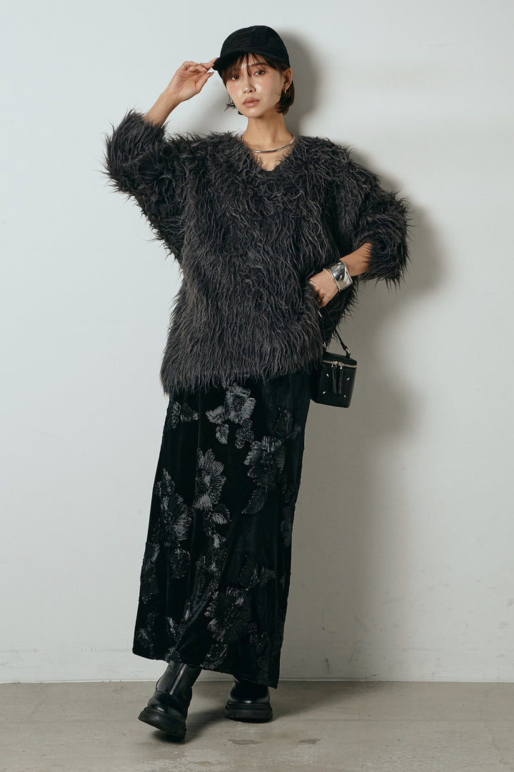 [SET]深Vネックシャギーニットトップス+フラワー刺繍ワイドスカート(2set)