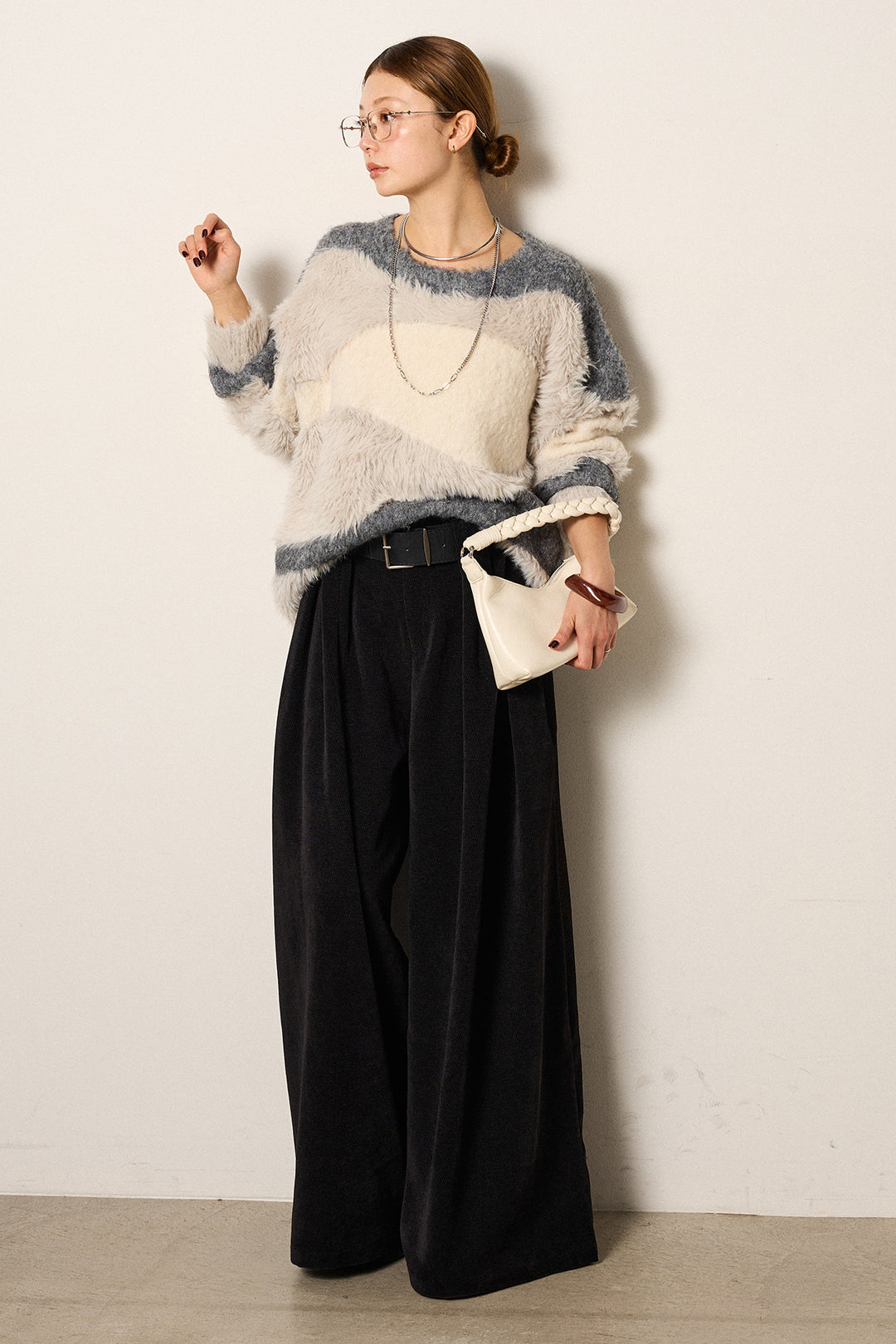 [SET]シャギーウェーブ柄クルーネックニットトップス+ベルトループコーデュロイワイドパンツ(2set)