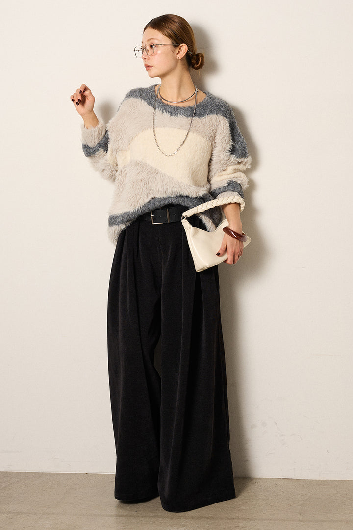 [SET]シャギーウェーブ柄クルーネックニットトップス+ベルトループコーデュロイワイドパンツ(2set)