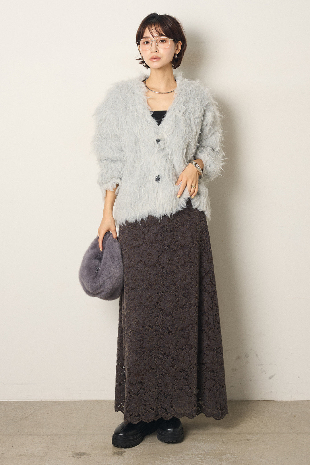 [SET]起毛シャギーニットカーディガン+花柄刺繍ベロアフレアスカート(2set)