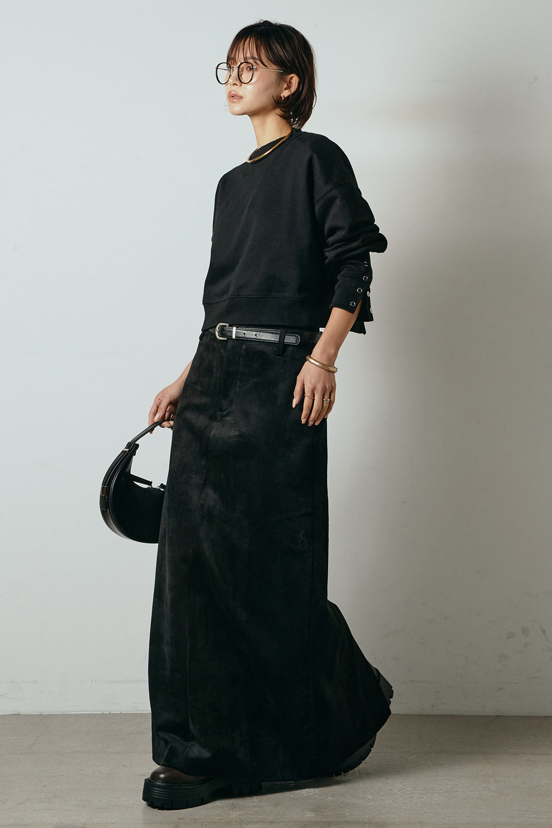 [SET]裏毛バックオープンプルオーバー+エコスウェードワイドスカート(2set)