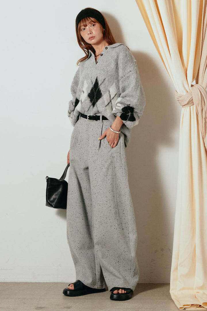 [SET]アーガイル柄ポロニットトップス+ベルト付きネップツイードカーブパンツ(2set)