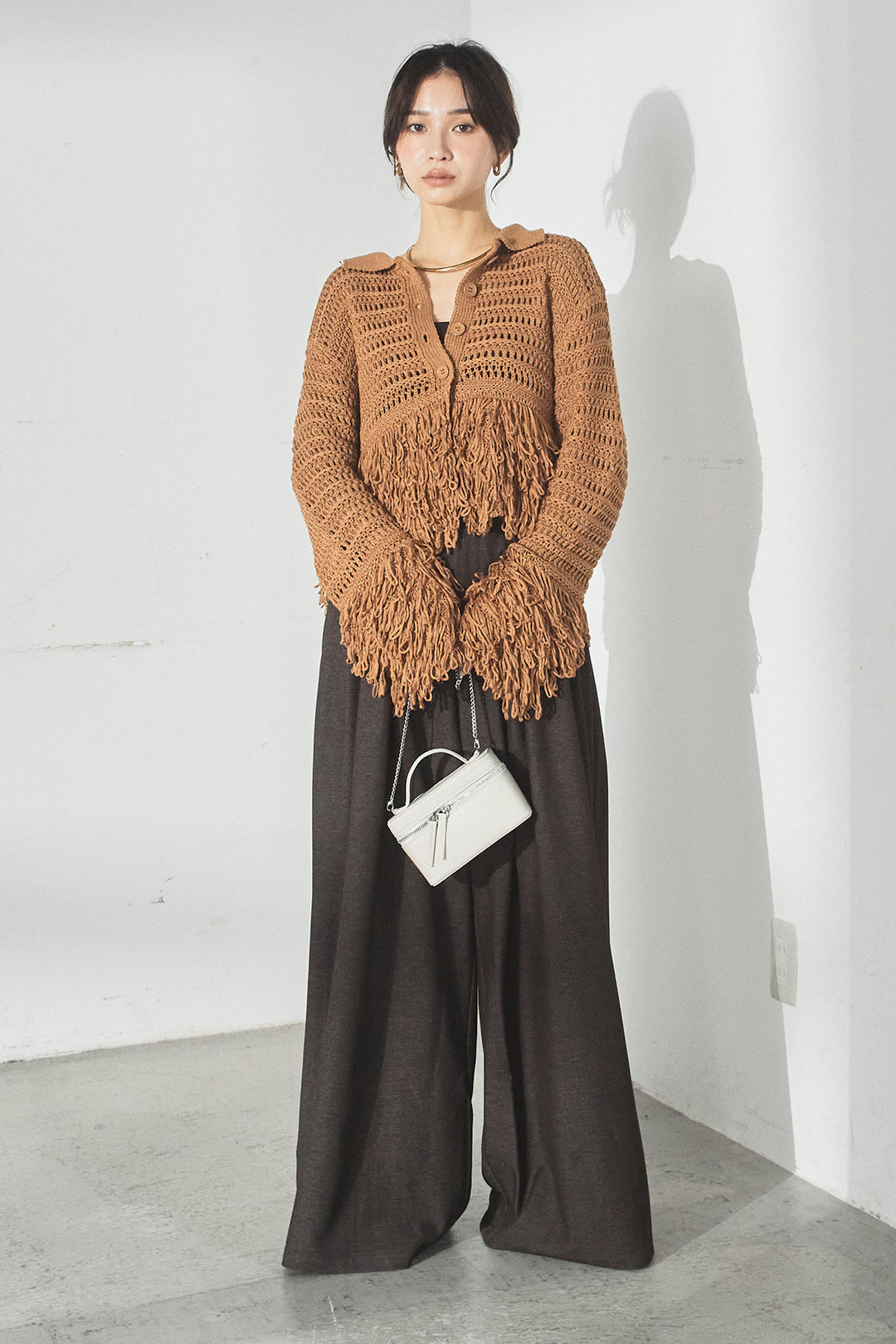 [SET]メッシュフリンジカーディガン+編みベルト付きウエストタックワイドパンツ(2set)