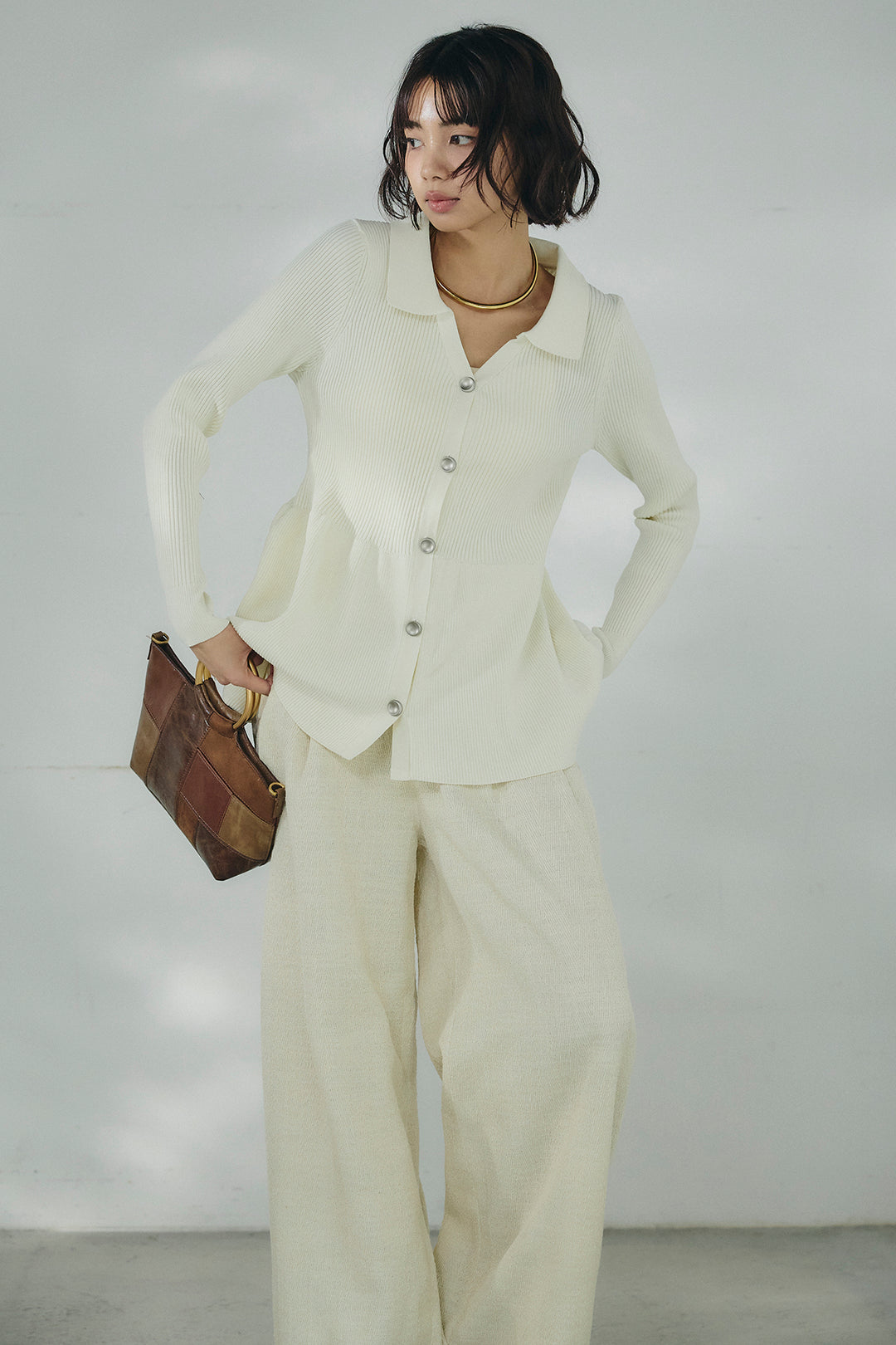 [SET]スキッパーペプラムニット+デニムライクヘリンボーンタックパンツ(2set)