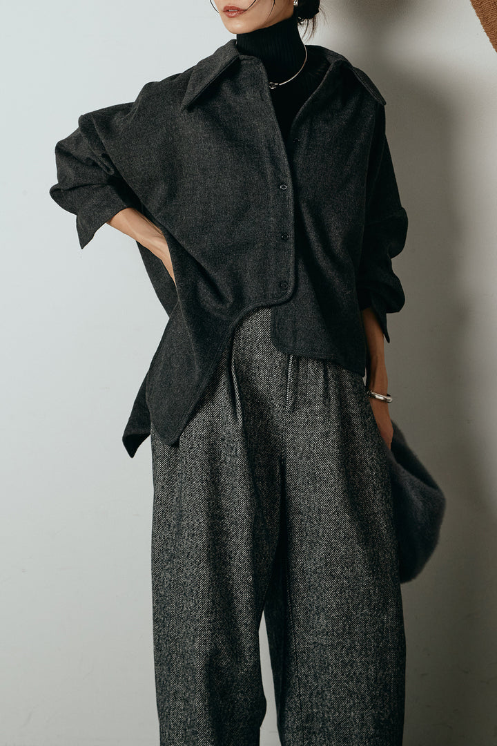 [SET]裾アシンメトリーデザインシャツ+タックツイードワイドパンツ(2set)