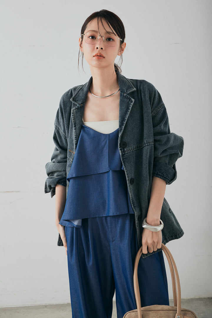 [SET]オーバーデニムジャケット+デニムライクツイルタックパンツ+デニムライクツイルティアードキャミソール(3set)