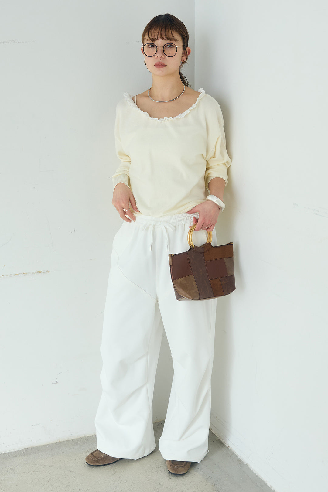 [SET]クールクール異素材コンビオフショルプルオーバー+ランダムタックデザインワイドパンツ(2set)