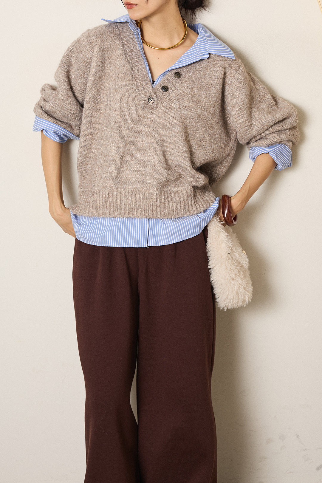 [SET]ストライプシャツドッキングニットポロトップス+裏起毛スウェットワイドパンツ(2set)