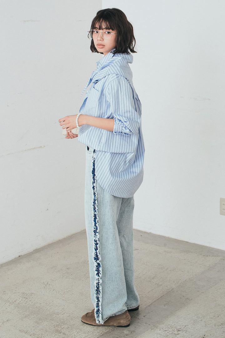 [SET]ランダムストライプスカーフ付きシャツ+デニムサイドフリルパンツ(2set)