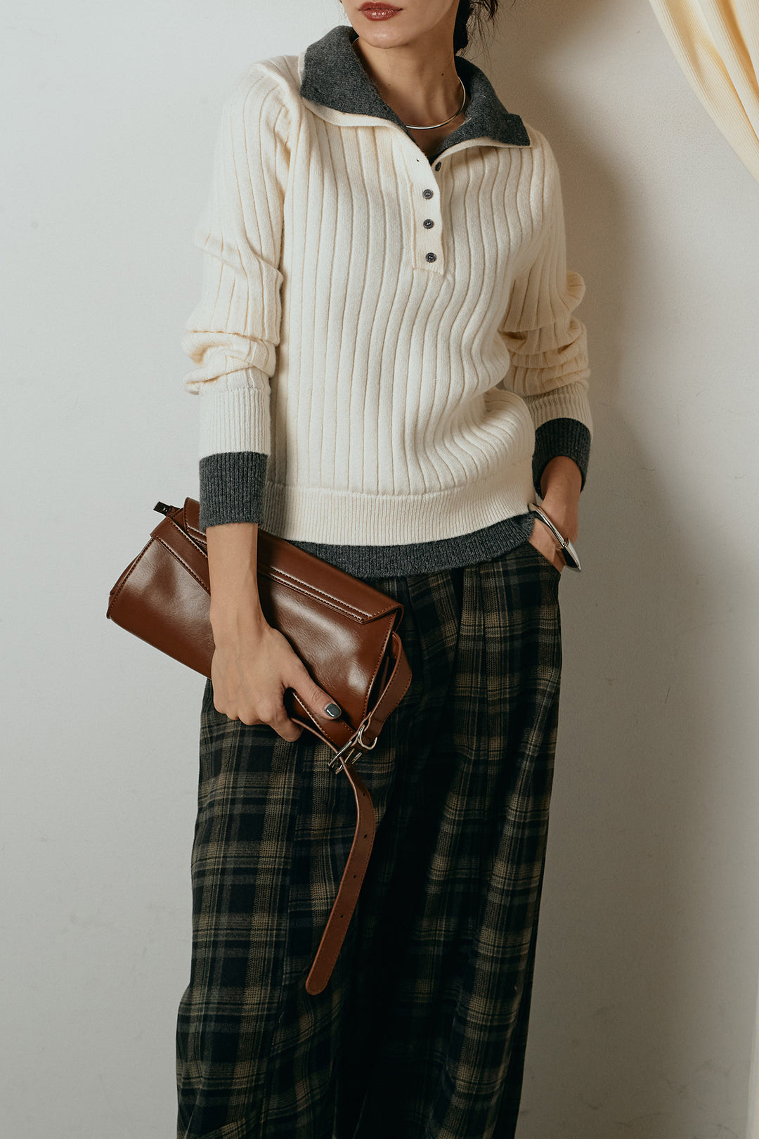 [SET]レイヤード風リブニットトップス+ベルト付きタータンチェックカーブワイドパンツ(2set)