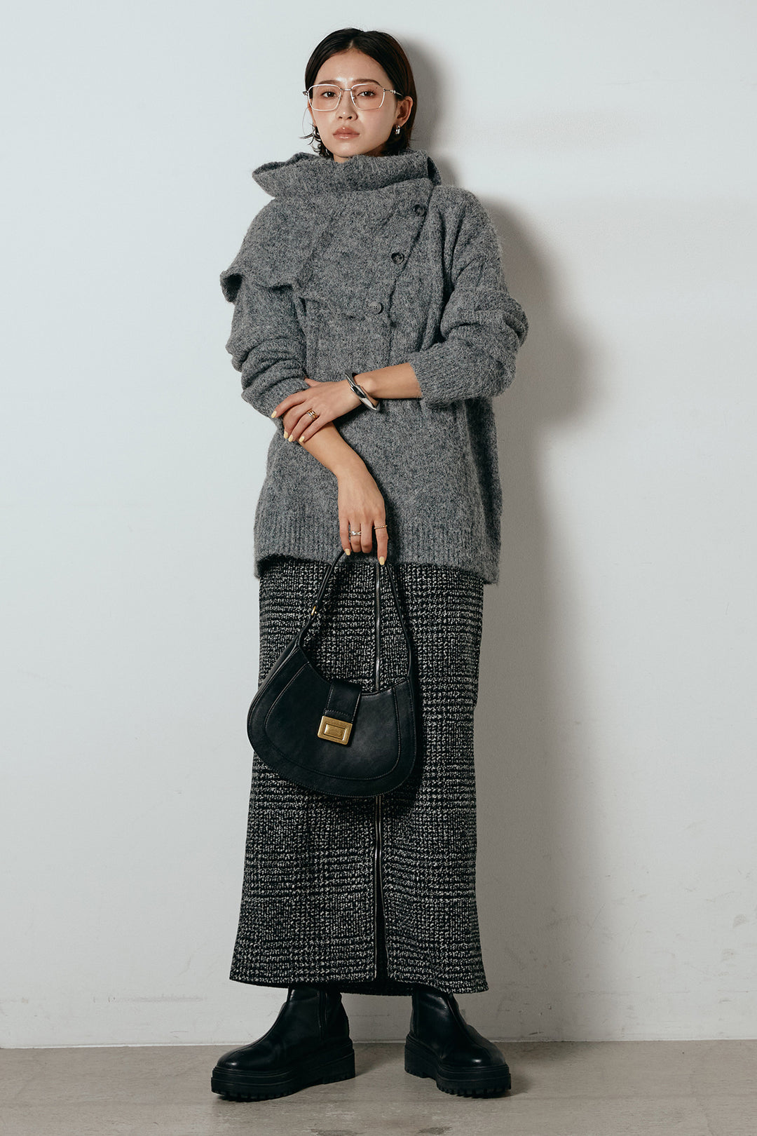 [SET]ケープデザインケーブルニットトップス+グレンチェック柄フロントジップタイトスカート(2set)