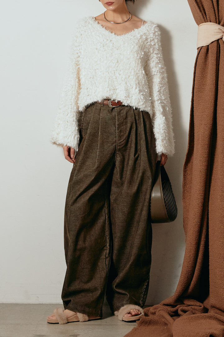 [SET]深Vネックチョウチョヤーンニットトップス+フロントタック入りコーデュロイパンツ(2set)