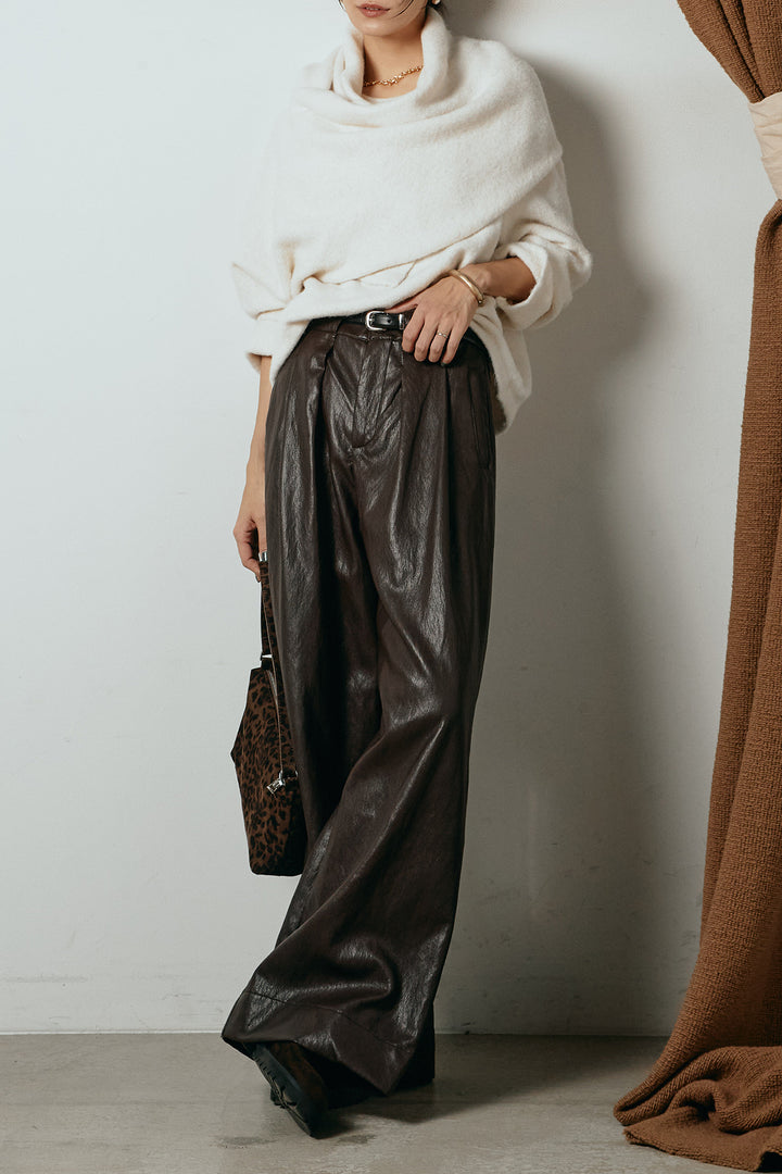 [SET]ネック巻きデザインニットトップス+ベルト付きレザーライクタックパンツ(2set)