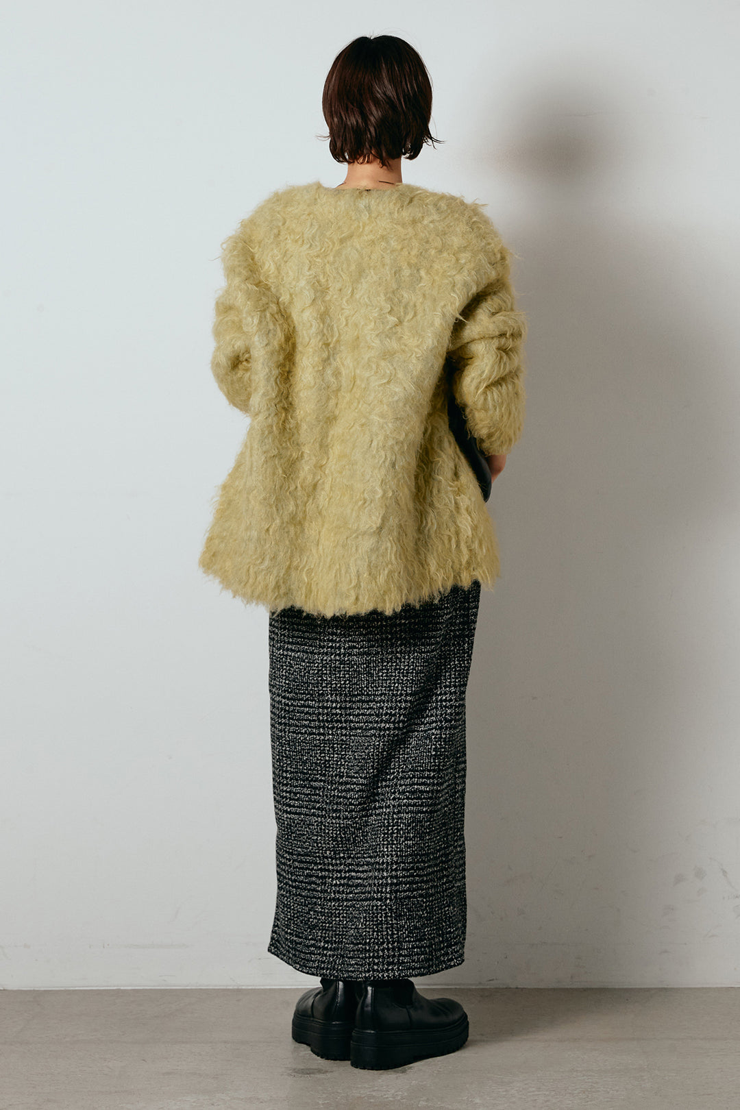 [SET]ウェーブシャギーニットジャケット+グレンチェック柄フロントジップタイトスカート(2set)
